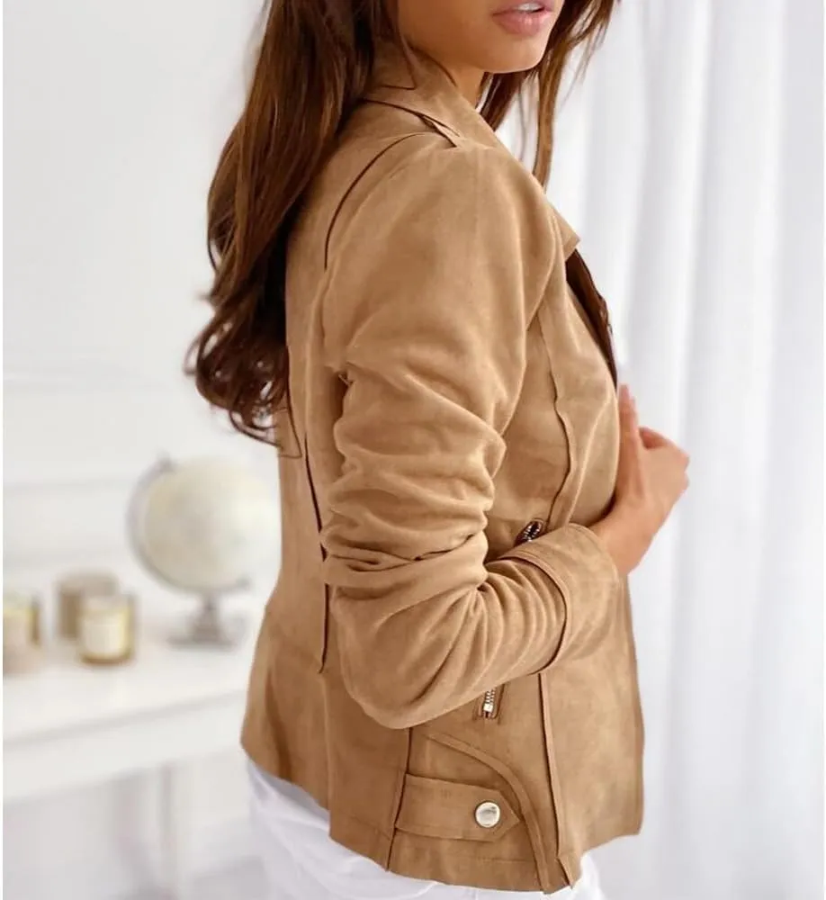 Women's Light Jackets Faux Leather Suede Jackets for Lady Fall Casual Trendy Zipper Cropped bomber Coat Outwear
