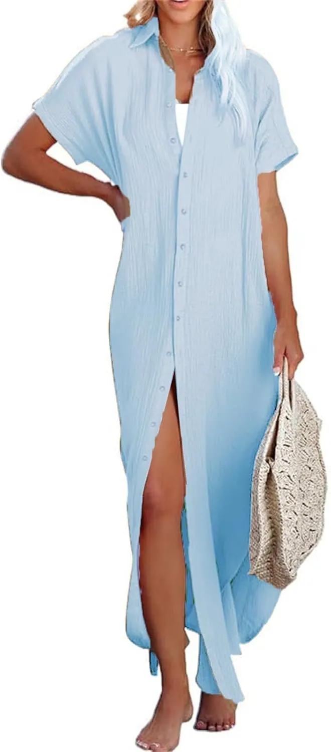 Women's Maxi Dress Summer Casual Button Cardigan Beach Dresses Side Slit Swimsuits Cover Up Vacation Long Flowy Skirt