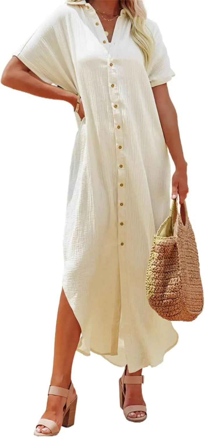 Women's Maxi Dress Summer Casual Button Cardigan Beach Dresses Side Slit Swimsuits Cover Up Vacation Long Flowy Skirt