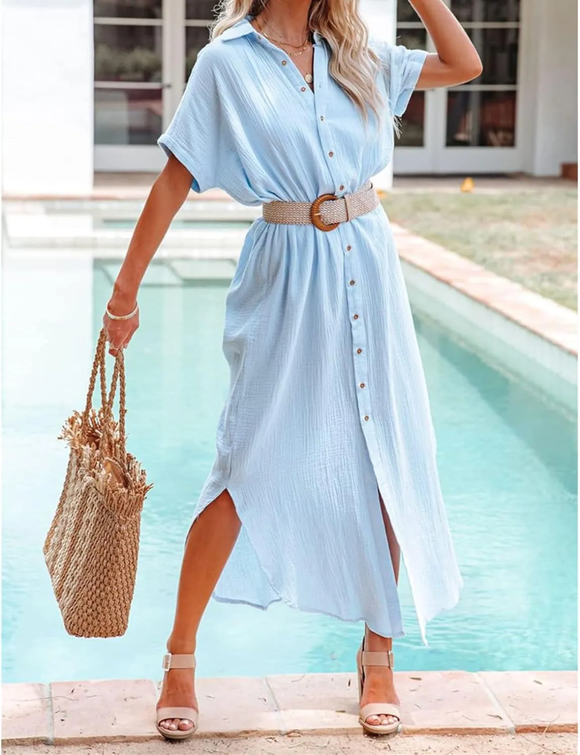 Women's Maxi Dress Summer Casual Button Cardigan Beach Dresses Side Slit Swimsuits Cover Up Vacation Long Flowy Skirt