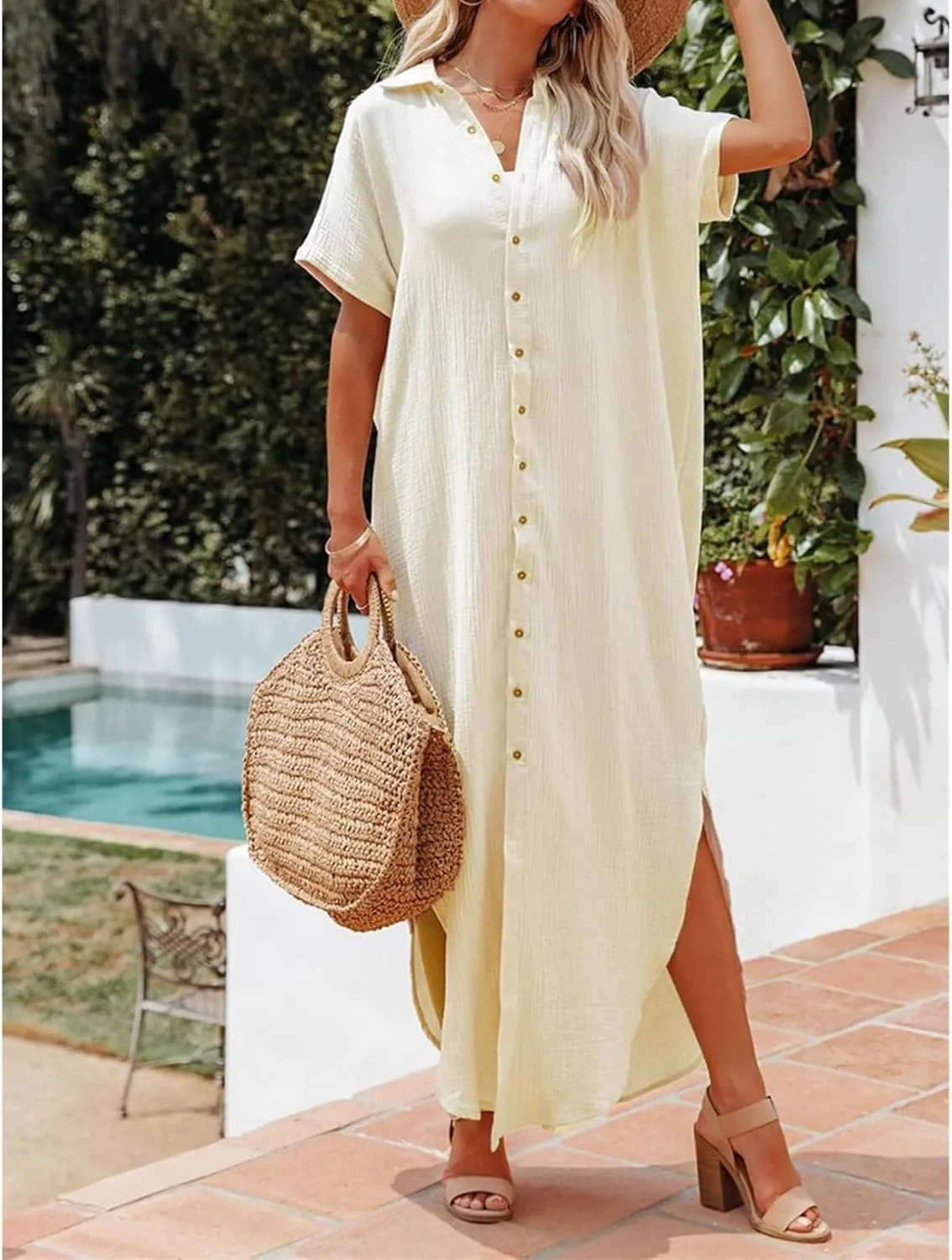 Women's Maxi Dress Summer Casual Button Cardigan Beach Dresses Side Slit Swimsuits Cover Up Vacation Long Flowy Skirt