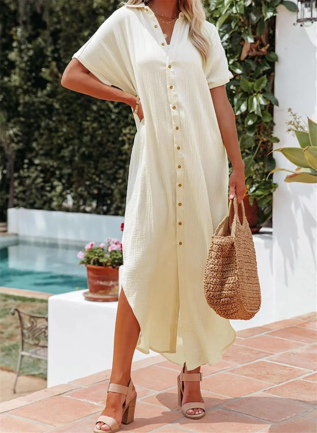 Women's Maxi Dress Summer Casual Button Cardigan Beach Dresses Side Slit Swimsuits Cover Up Vacation Long Flowy Skirt