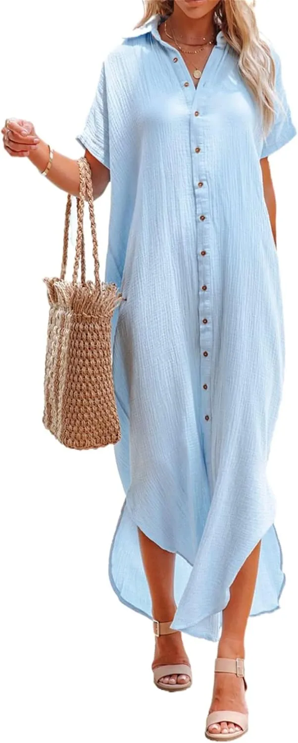 Women's Maxi Dress Summer Casual Button Cardigan Beach Dresses Side Slit Swimsuits Cover Up Vacation Long Flowy Skirt