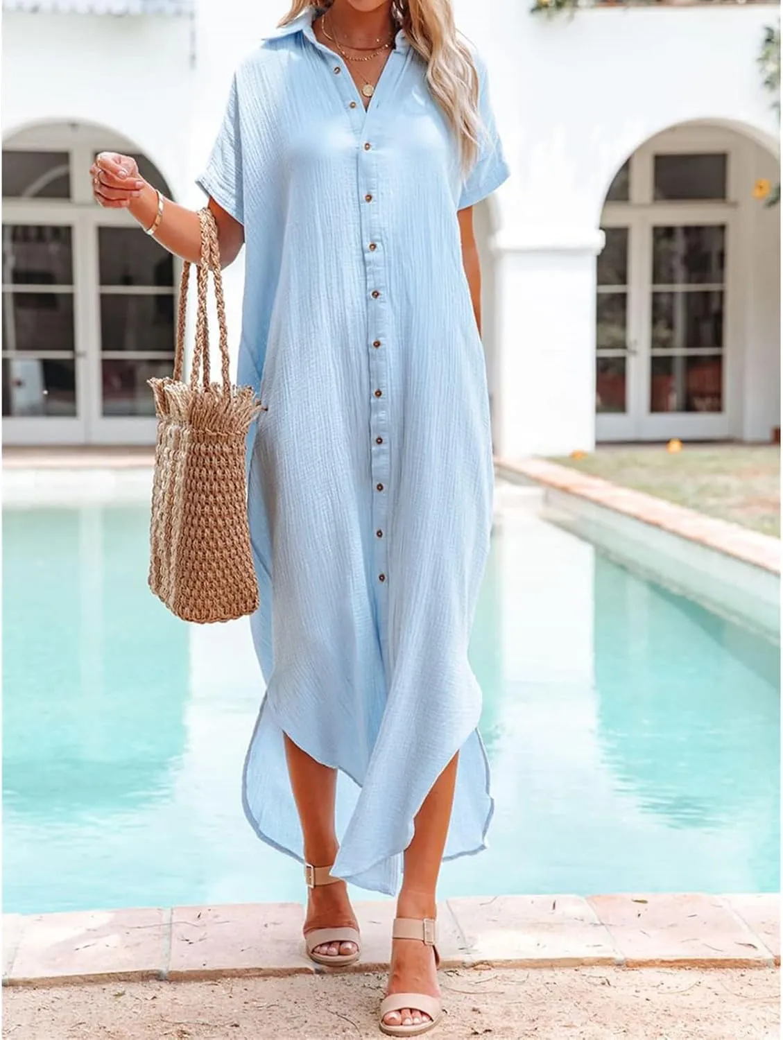 Women's Maxi Dress Summer Casual Button Cardigan Beach Dresses Side Slit Swimsuits Cover Up Vacation Long Flowy Skirt