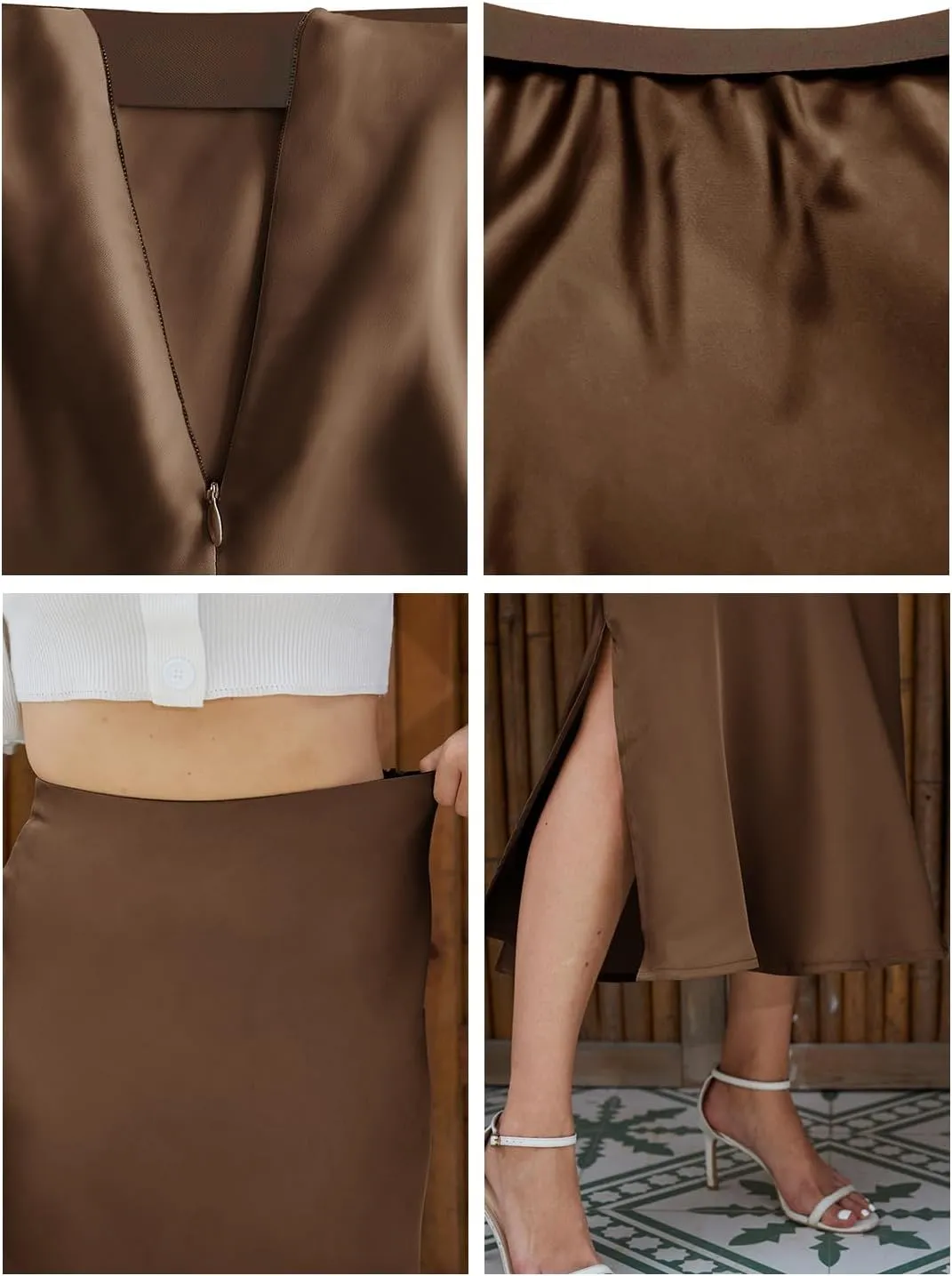 Womens Midi Satin Skirt Side Slit High Elastic Waisted Summer2025 Elegant Solid Skirts for Women