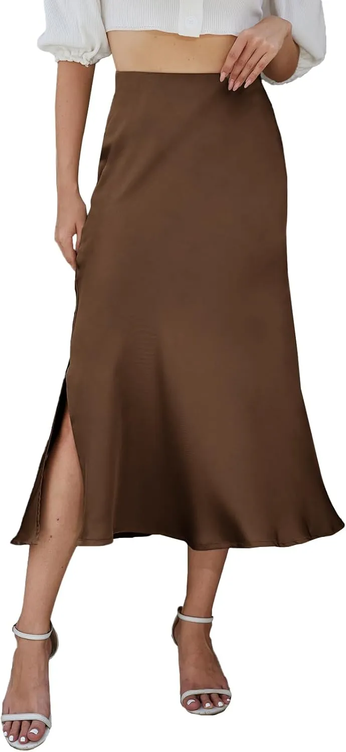 Womens Midi Satin Skirt Side Slit High Elastic Waisted Summer2025 Elegant Solid Skirts for Women