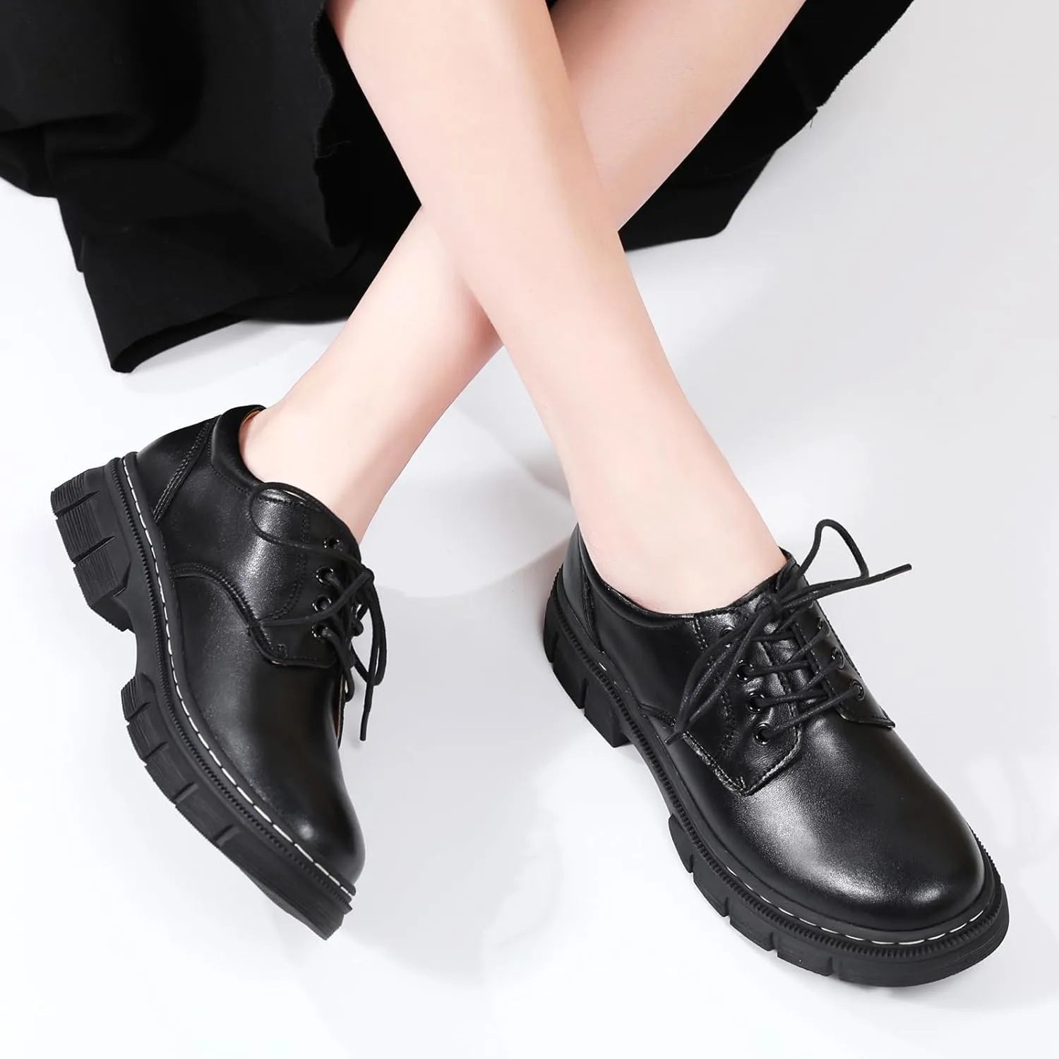 Womens Oxford Shoes Platform Classic Leather Non Slip Dressy Shoes Chunky Comfortable Business Shoes for Work Casual Office