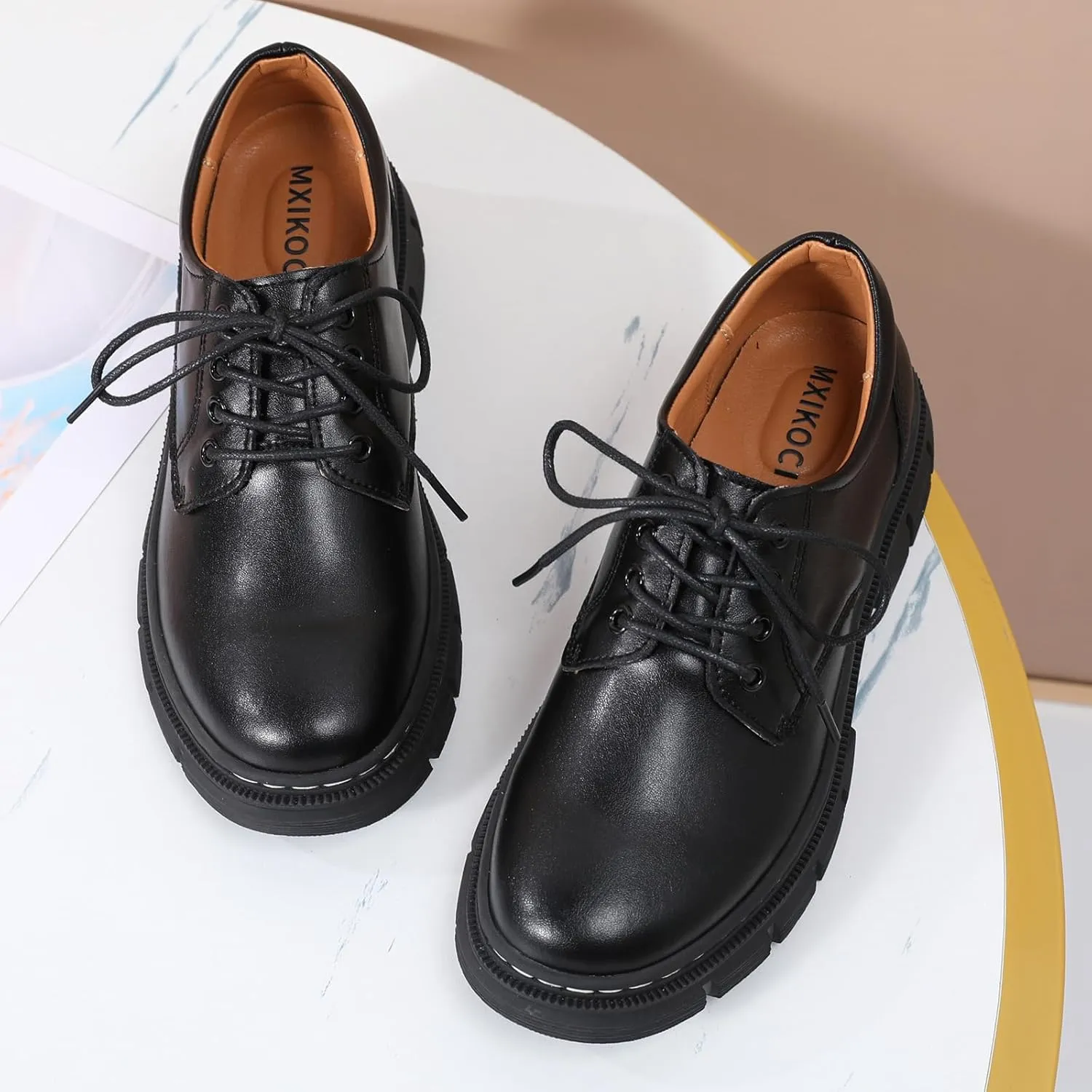 Womens Oxford Shoes Platform Classic Leather Non Slip Dressy Shoes Chunky Comfortable Business Shoes for Work Casual Office