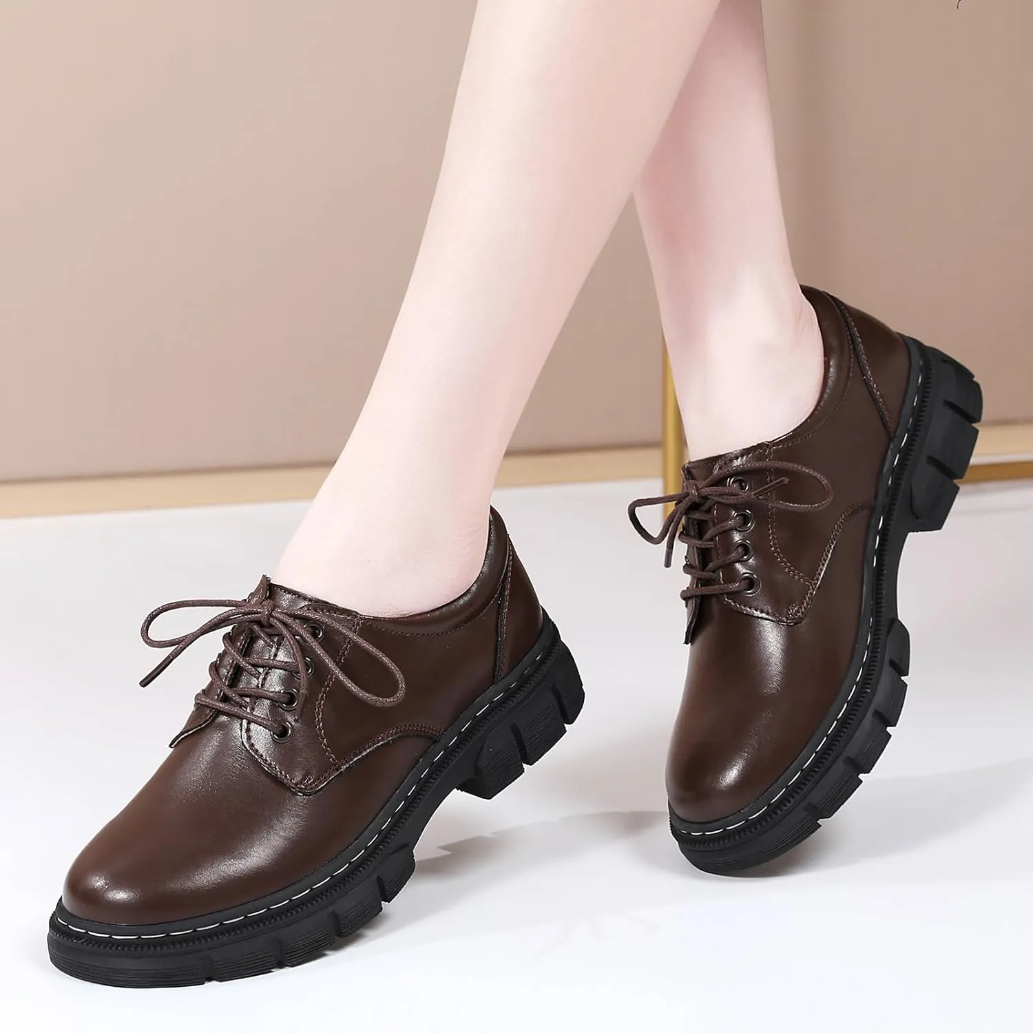 Womens Oxford Shoes Platform Classic Leather Non Slip Dressy Shoes Chunky Comfortable Business Shoes for Work Casual Office