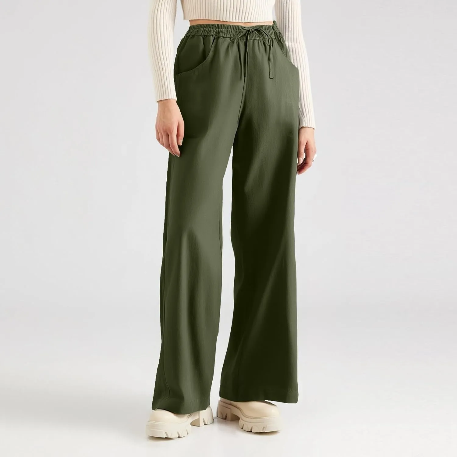 Women's Pants Flowy Long Wide Leg High Waisted Pants Casual Drawstring Pull On Beach Trousers with Pockets