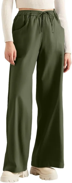 Women's Pants Flowy Long Wide Leg High Waisted Pants Casual Drawstring Pull On Beach Trousers with Pockets