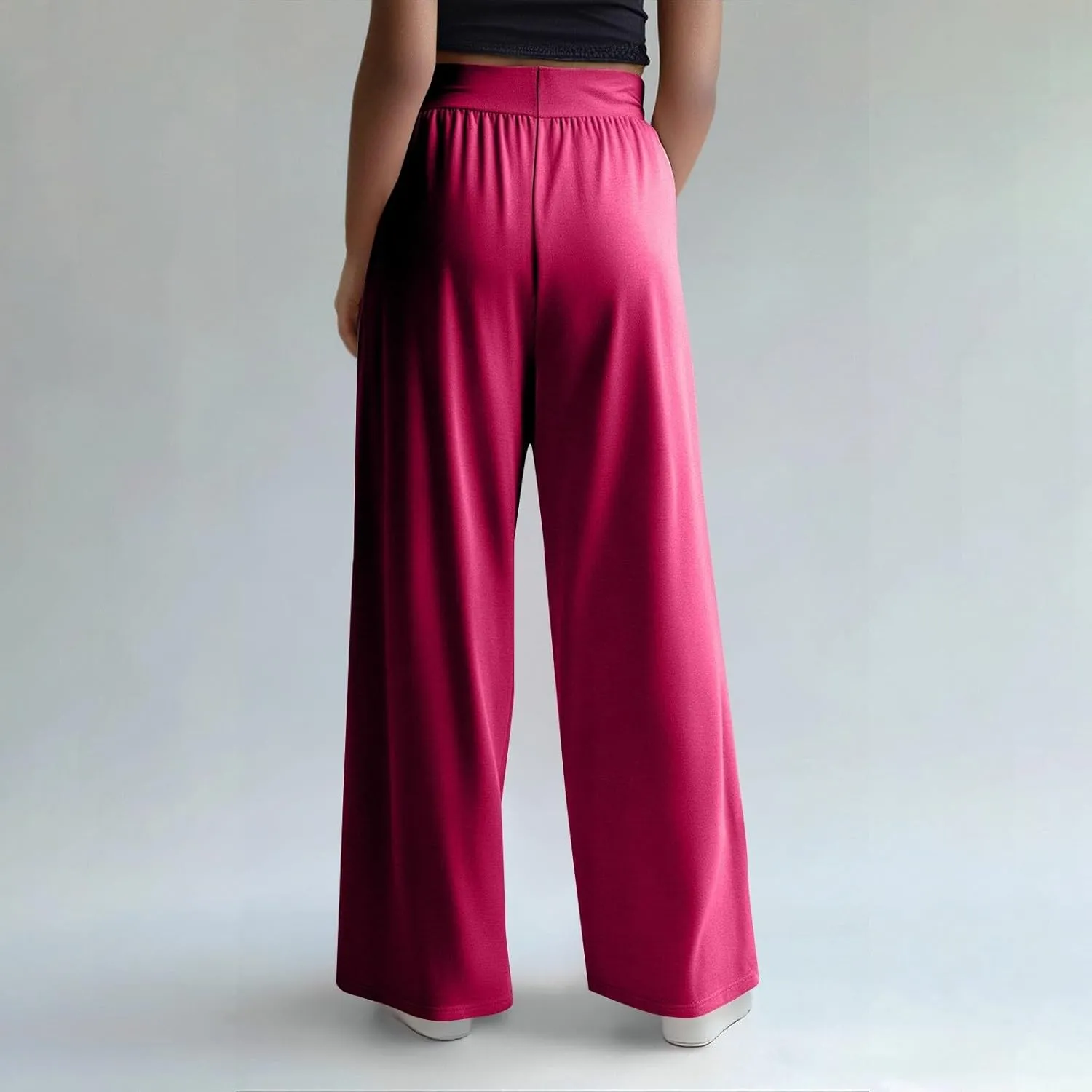 Women's Pants Wide Leg Long High Waisted Lounge Pants Stretchy Pleated Pull On Vacation Trousers with Pockets