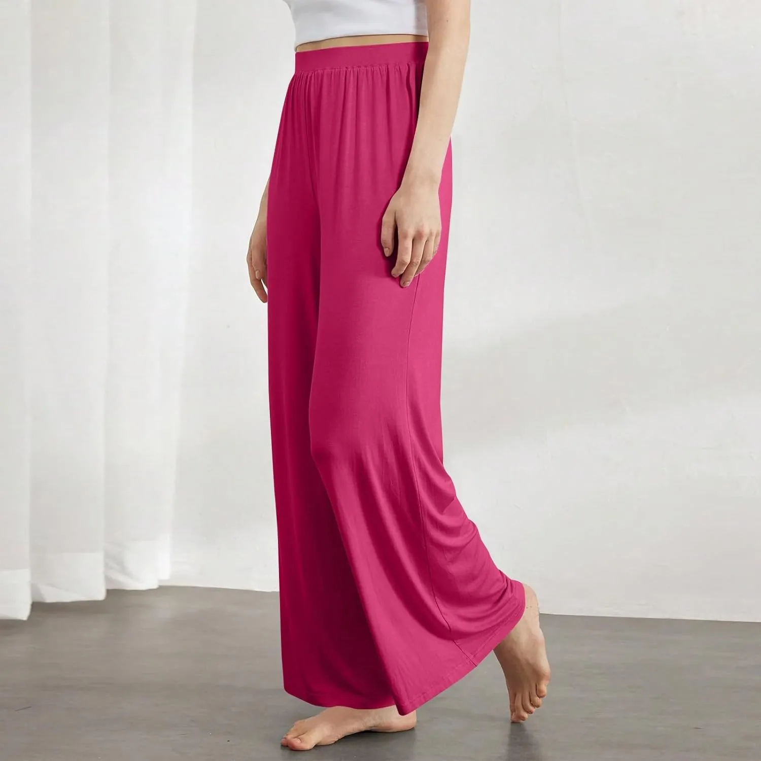 Women's Pants Wide Leg Long High Waisted Lounge Pants Stretchy Pleated Pull On Vacation Trousers with Pockets