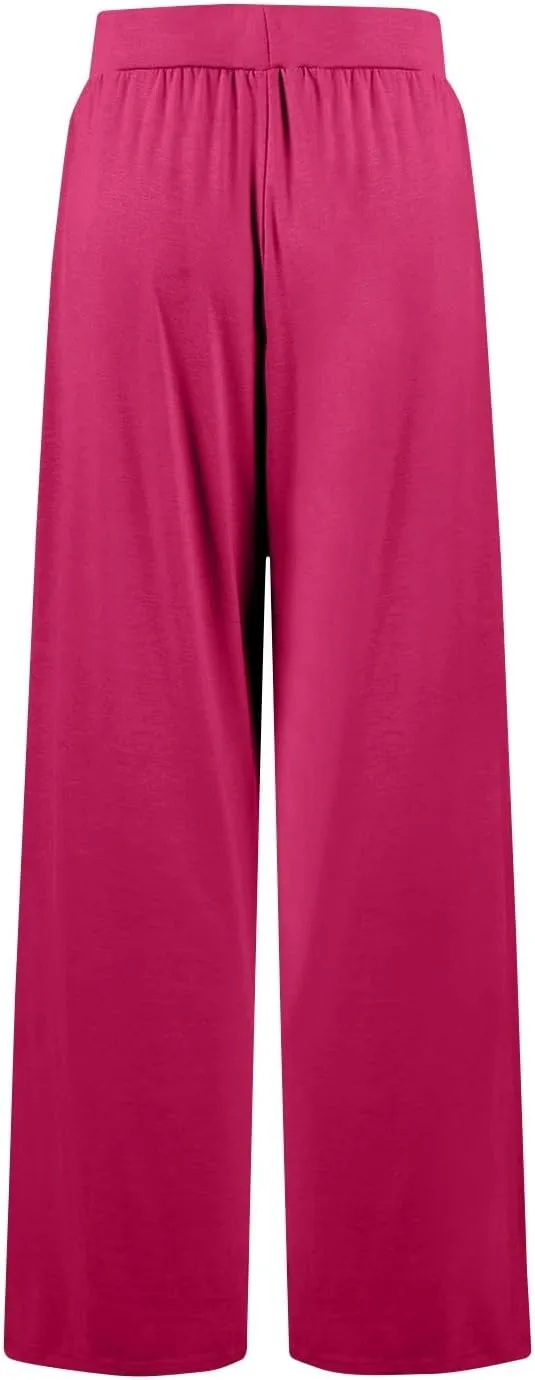 Women's Pants Wide Leg Long High Waisted Lounge Pants Stretchy Pleated Pull On Vacation Trousers with Pockets