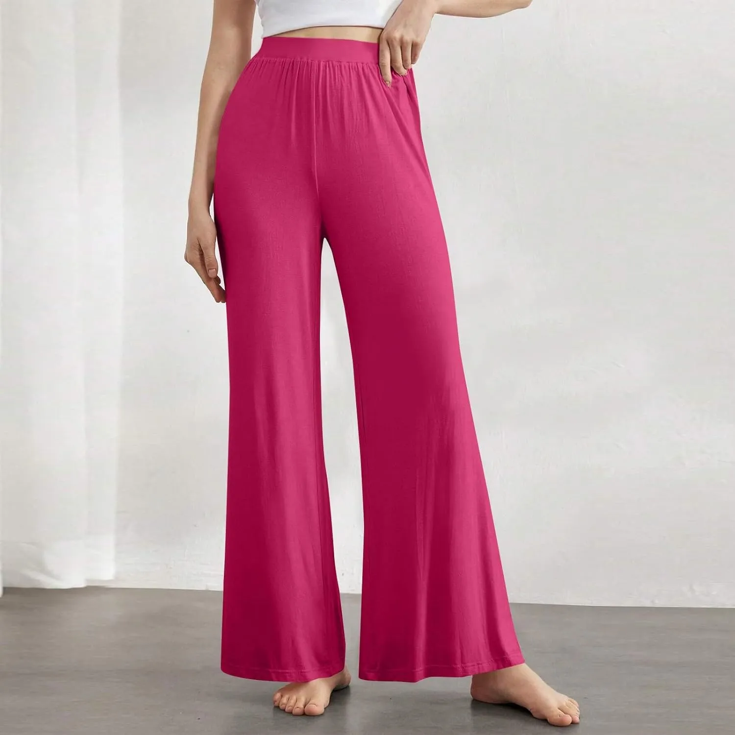 Women's Pants Wide Leg Long High Waisted Lounge Pants Stretchy Pleated Pull On Vacation Trousers with Pockets