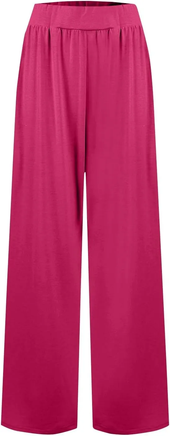 Women's Pants Wide Leg Long High Waisted Lounge Pants Stretchy Pleated Pull On Vacation Trousers with Pockets
