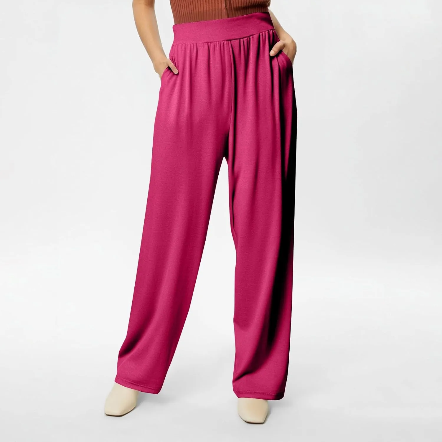 Women's Pants Wide Leg Long High Waisted Lounge Pants Stretchy Pleated Pull On Vacation Trousers with Pockets