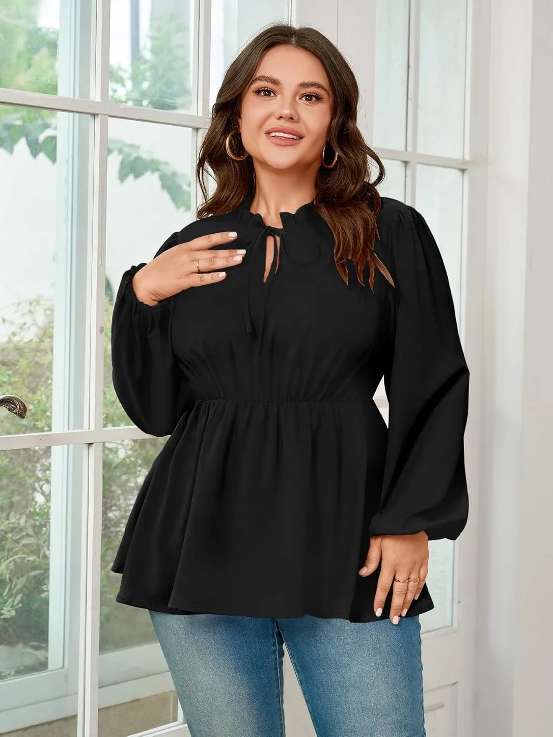 Womens Plus Size Blouse Tops Long Sleeve Tie Front Work Tops Dressy Casual Flowy Ruffle Peplum Tops for Women