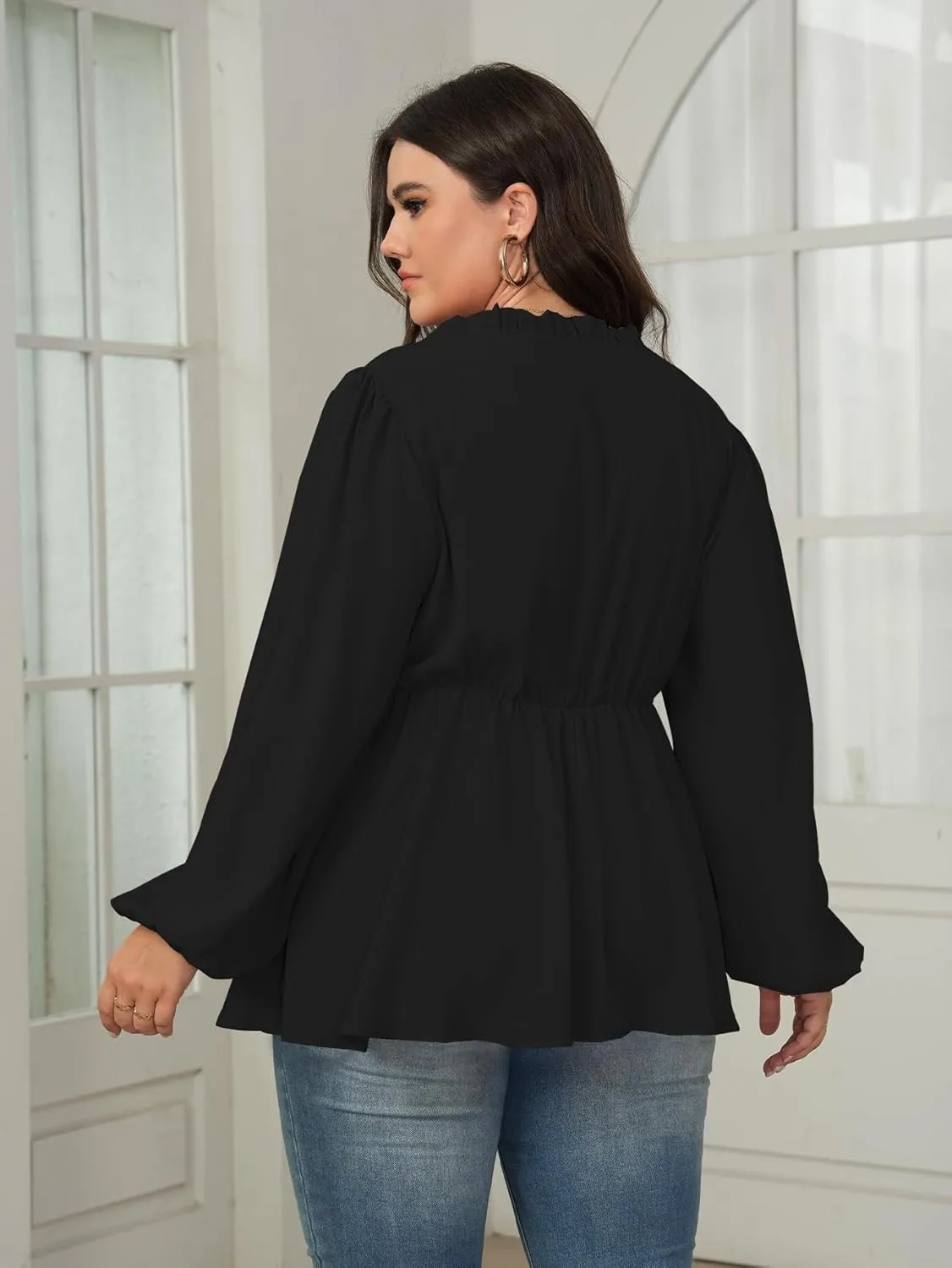Womens Plus Size Blouse Tops Long Sleeve Tie Front Work Tops Dressy Casual Flowy Ruffle Peplum Tops for Women