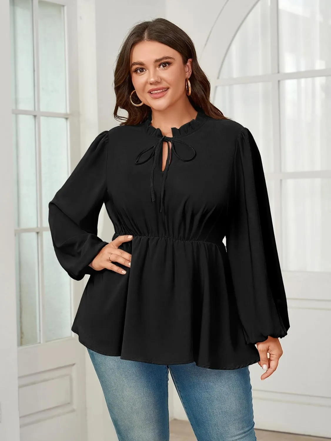 Womens Plus Size Blouse Tops Long Sleeve Tie Front Work Tops Dressy Casual Flowy Ruffle Peplum Tops for Women