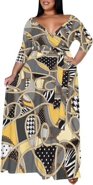 Women's Plus Size Maxi Dress Print 3/4 Sleeves V Neck Party Sundress Wedding Guest Dresses