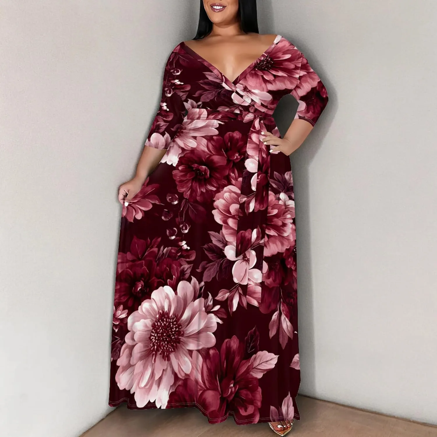 Women's Plus Size Maxi Dress Print 3/4 Sleeves V Neck Party Sundress Wedding Guest Dresses