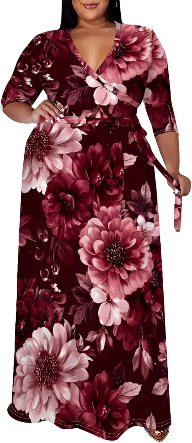 Women's Plus Size Maxi Dress Print 3/4 Sleeves V Neck Party Sundress Wedding Guest Dresses