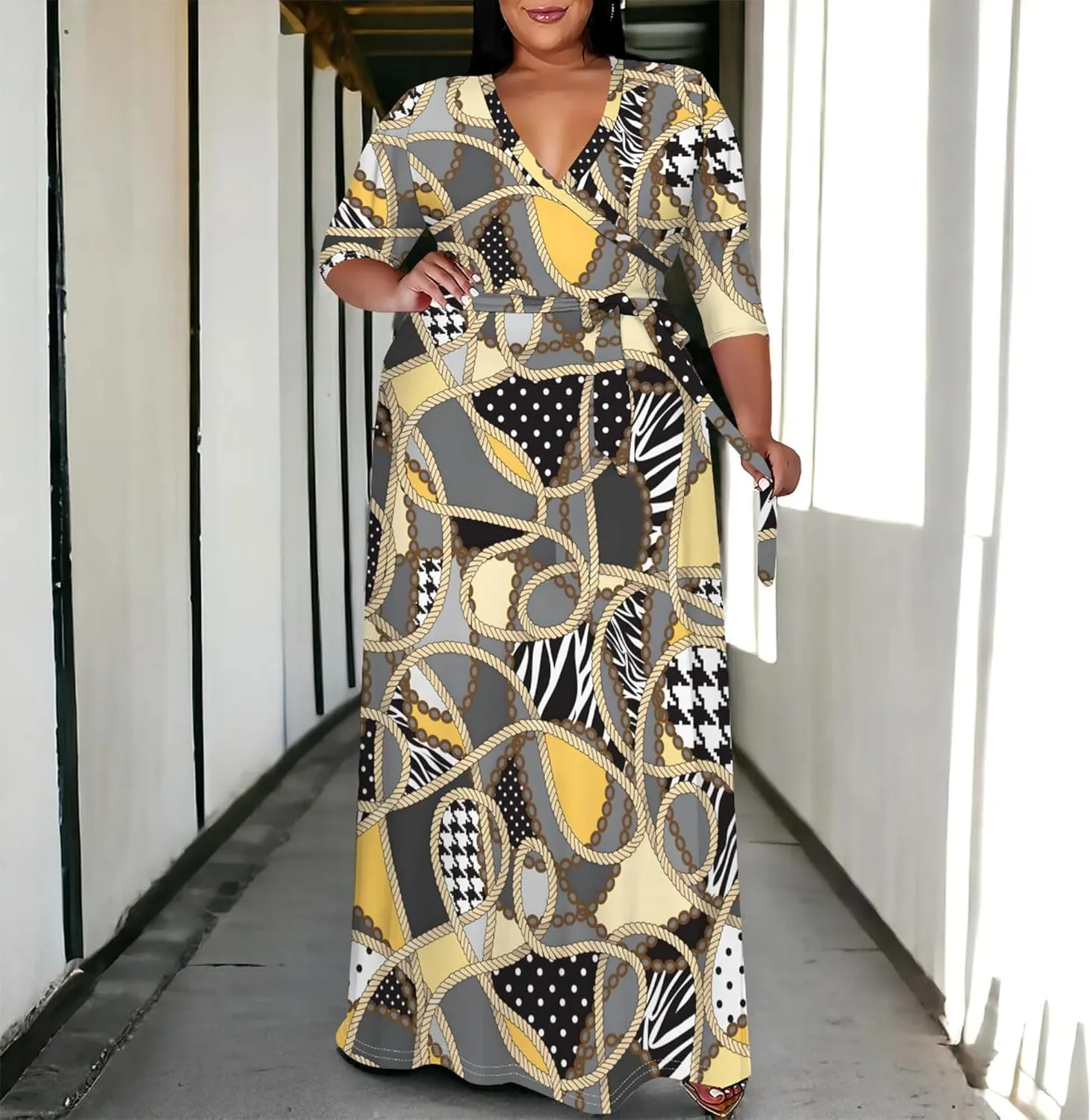 Women's Plus Size Maxi Dress Print 3/4 Sleeves V Neck Party Sundress Wedding Guest Dresses