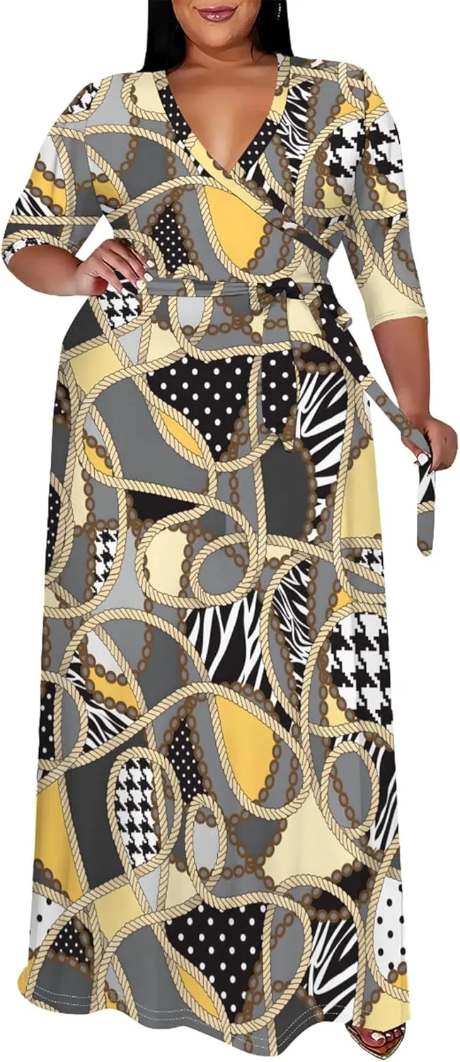 Women's Plus Size Maxi Dress Print 3/4 Sleeves V Neck Party Sundress Wedding Guest Dresses