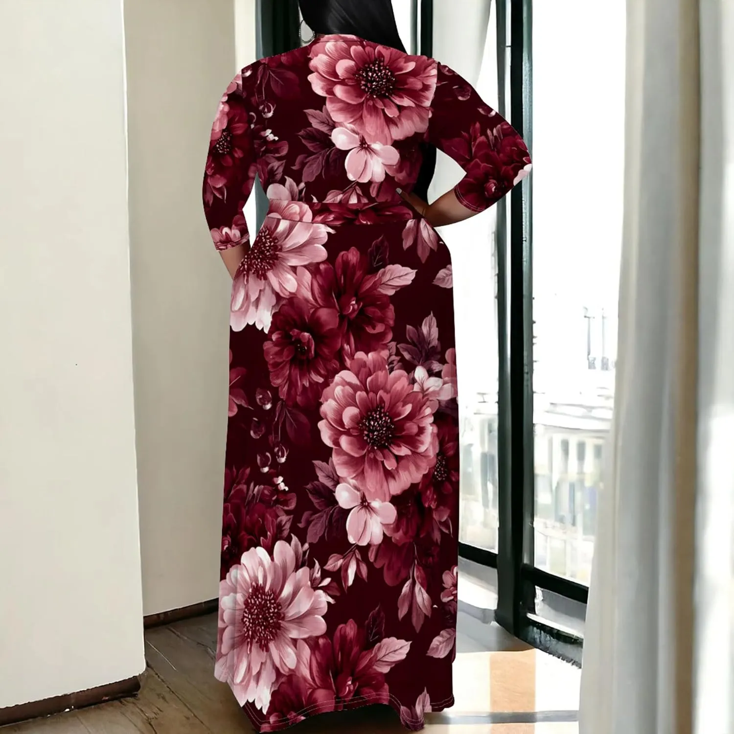 Women's Plus Size Maxi Dress Print 3/4 Sleeves V Neck Party Sundress Wedding Guest Dresses