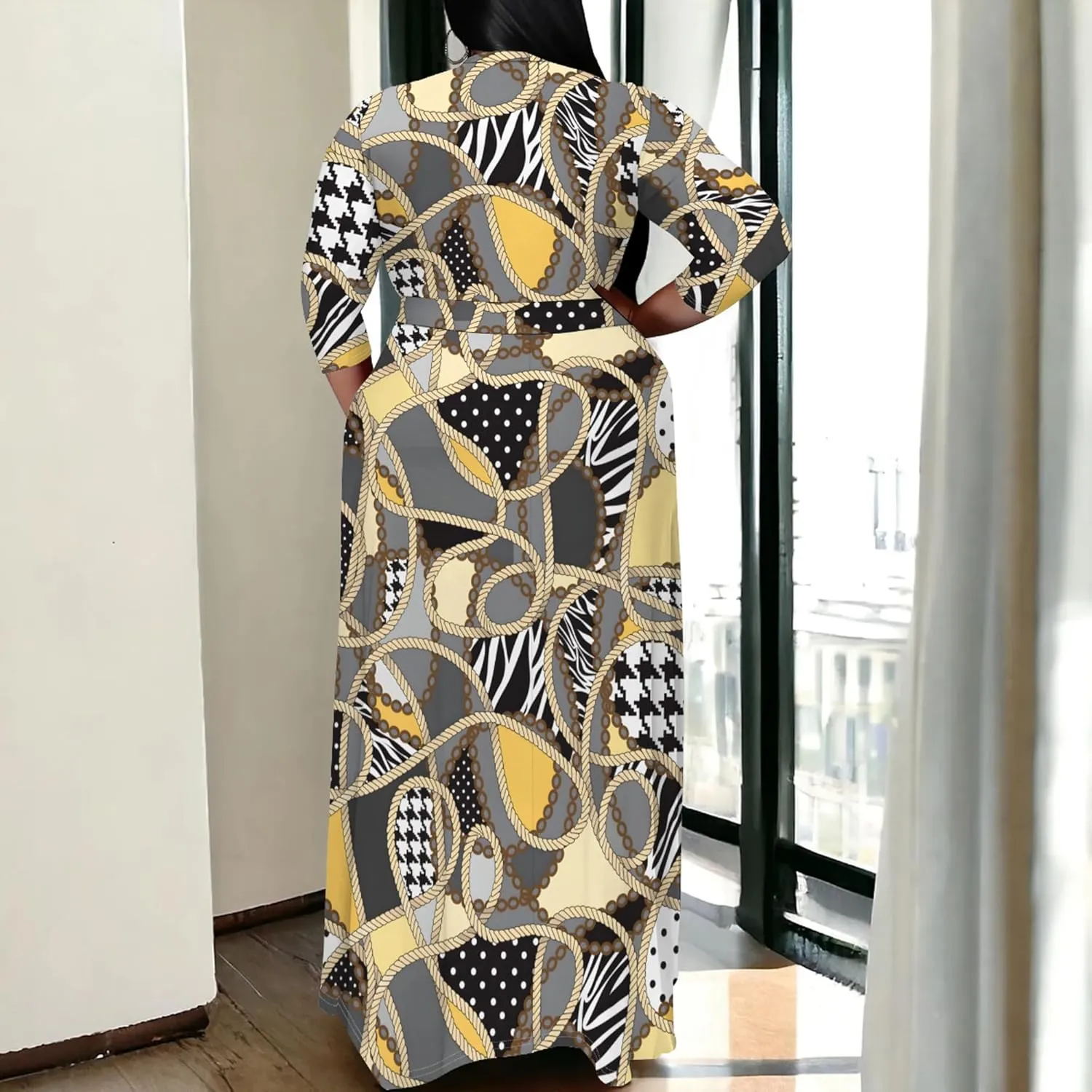Women's Plus Size Maxi Dress Print 3/4 Sleeves V Neck Party Sundress Wedding Guest Dresses