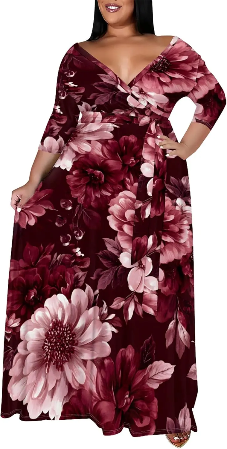 Women's Plus Size Maxi Dress Print 3/4 Sleeves V Neck Party Sundress Wedding Guest Dresses