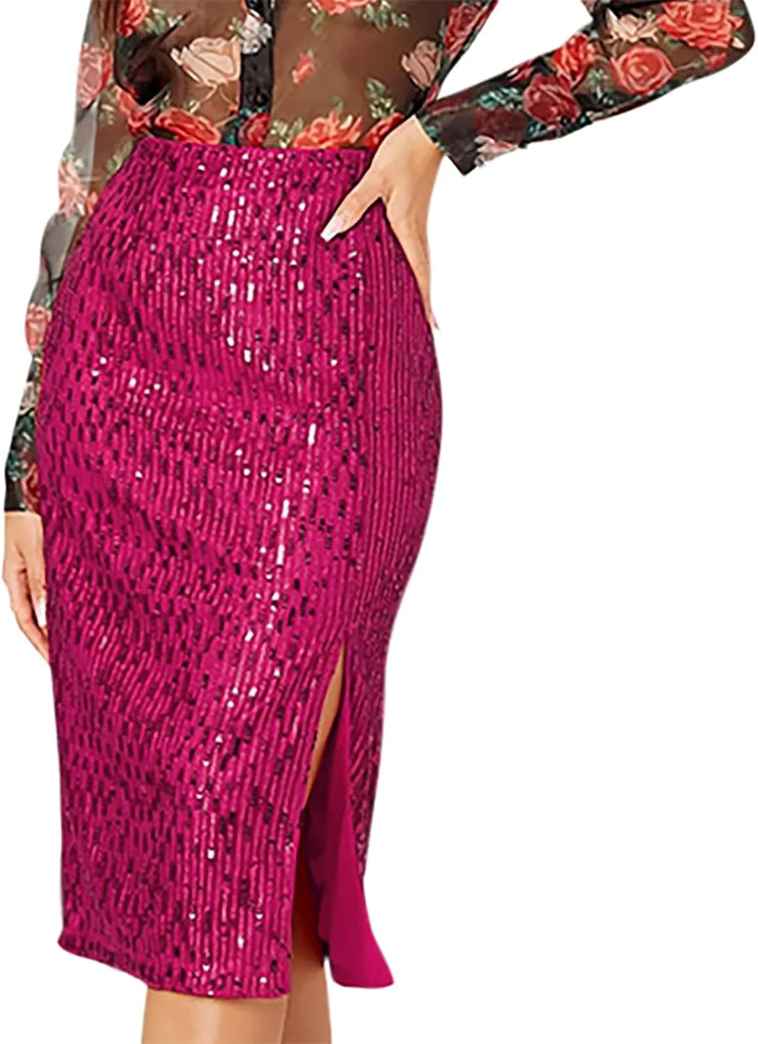Women's Sequin Midi Skirt, Sexy High Waisted Side Split Bodycon Slim Skirts Fashion Evening Party Sparkly Clothes