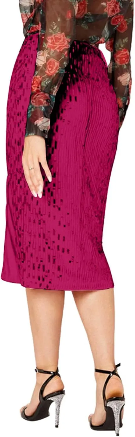 Women's Sequin Midi Skirt, Sexy High Waisted Side Split Bodycon Slim Skirts Fashion Evening Party Sparkly Clothes