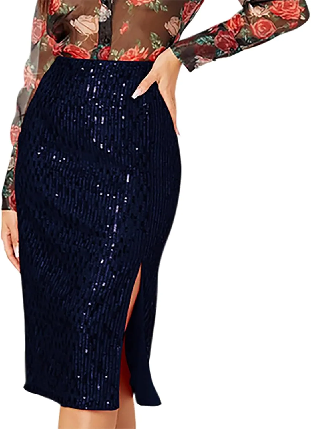 Women's Sequin Midi Skirt, Sexy High Waisted Side Split Bodycon Slim Skirts Fashion Evening Party Sparkly Clothes