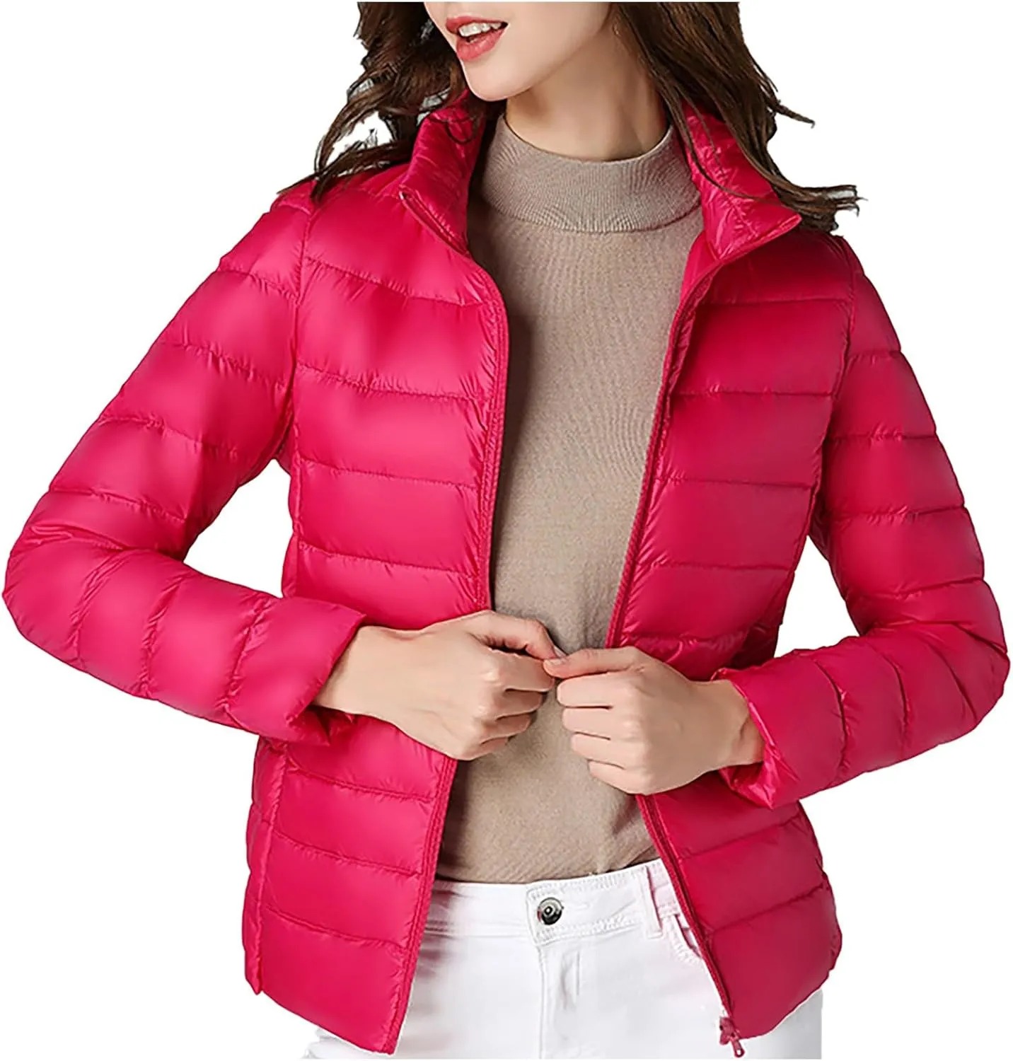 Women's Short Down Jacket Long Sleeve Padded Solid Color Quilted Jacket Winter Thick Thermal Cropped Puffer Jackets