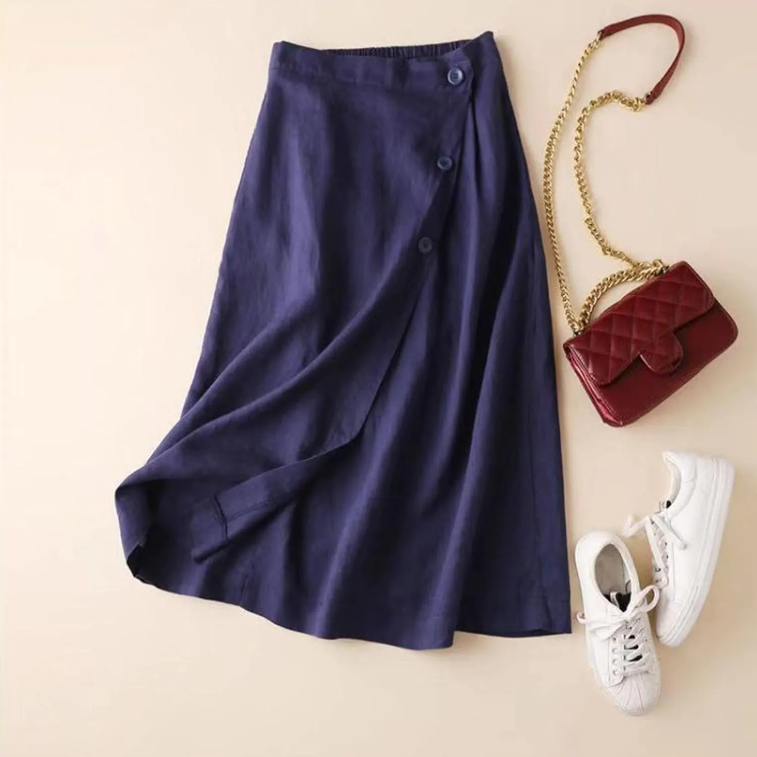 Women's Skirts Women's Summer Linen Elastic Back Buttoned Swing A Line Skirt Casual Loose Trendy Beach Solid Maxi Skirts