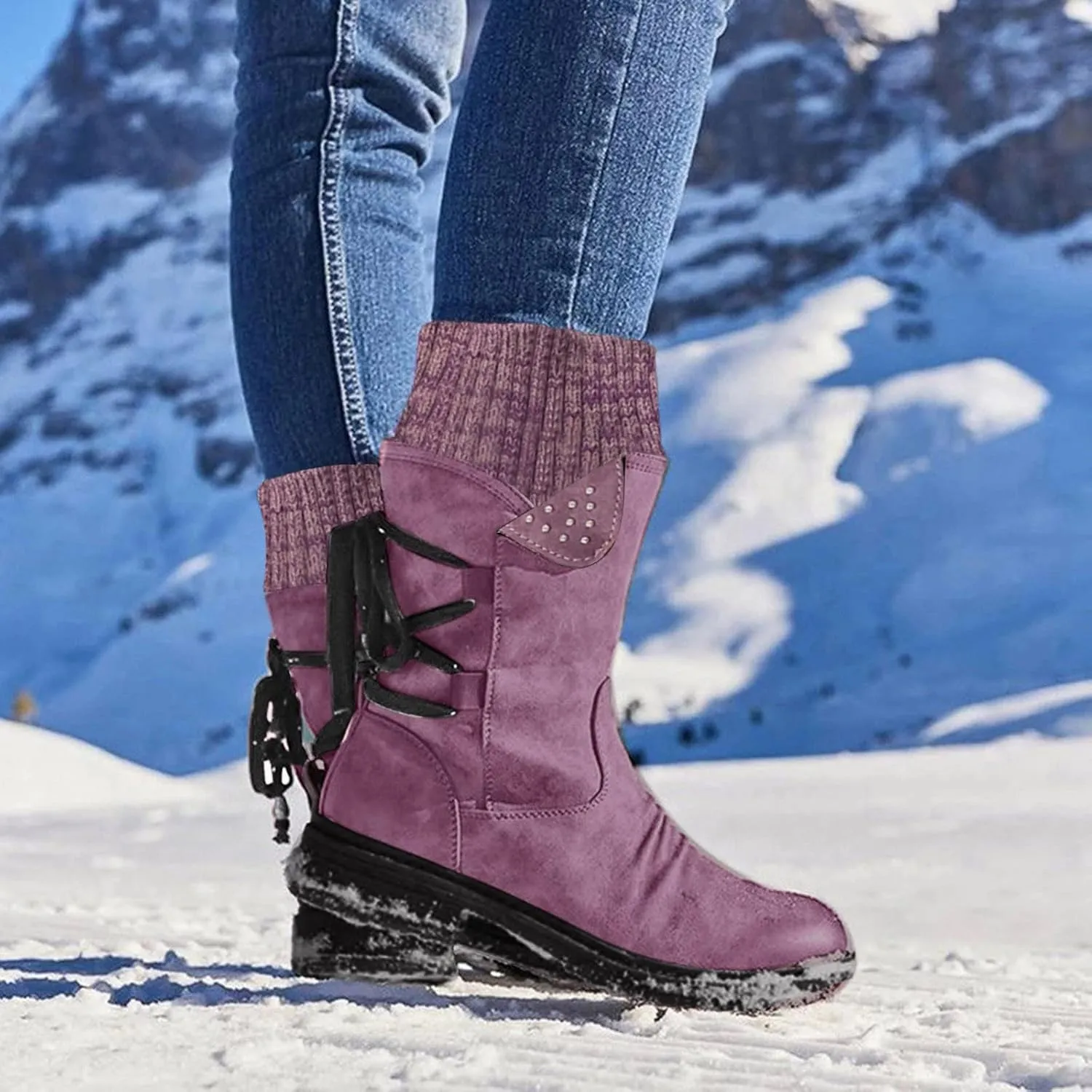 Womens Snow Boots Waterproof Winter Boots Anti-slip Fully Fur Booties Lightweight Slip on Ankle Boots Comfortable Winter Shoes Trekking Shoes