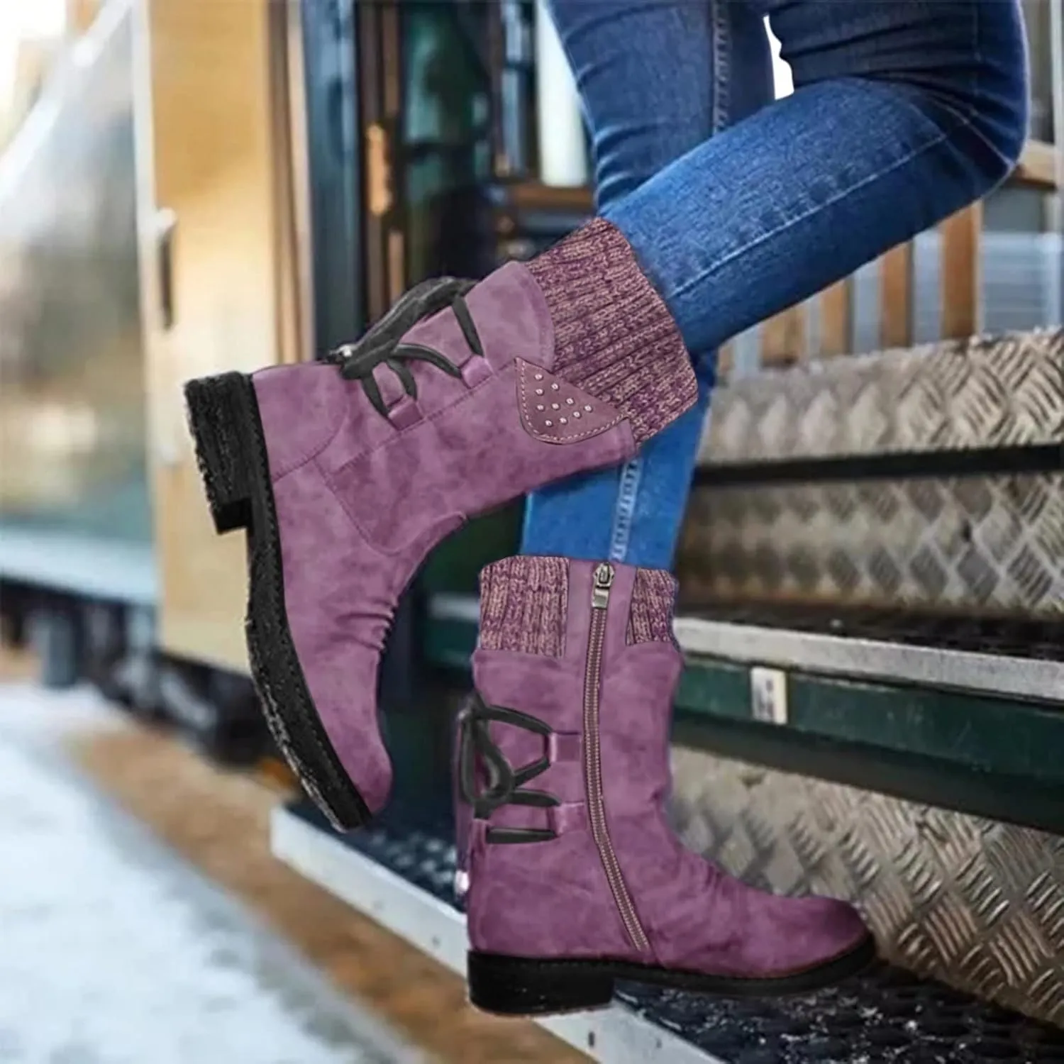 Womens Snow Boots Waterproof Winter Boots Anti-slip Fully Fur Booties Lightweight Slip on Ankle Boots Comfortable Winter Shoes Trekking Shoes