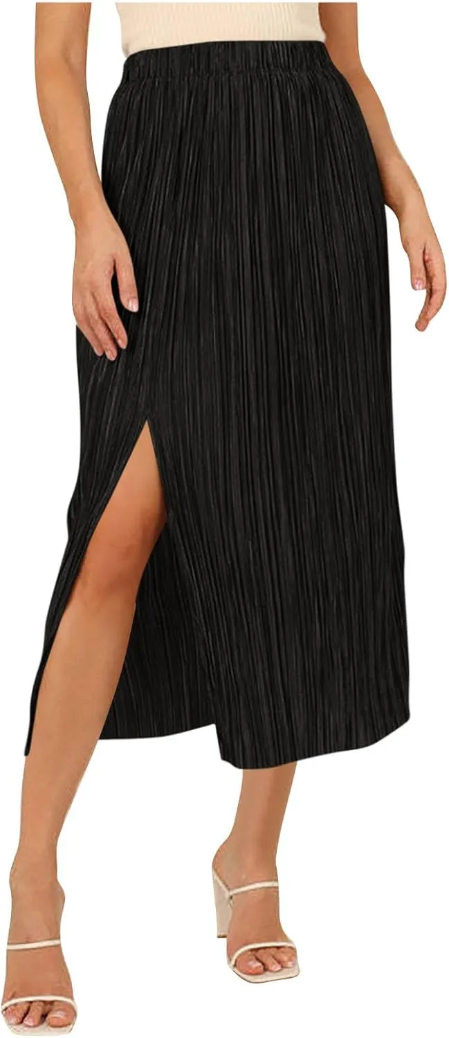 Women's Summer Beach Midi Long Skirt Elastic High Waist Pleated Boho Maxi Skirts with Side Split