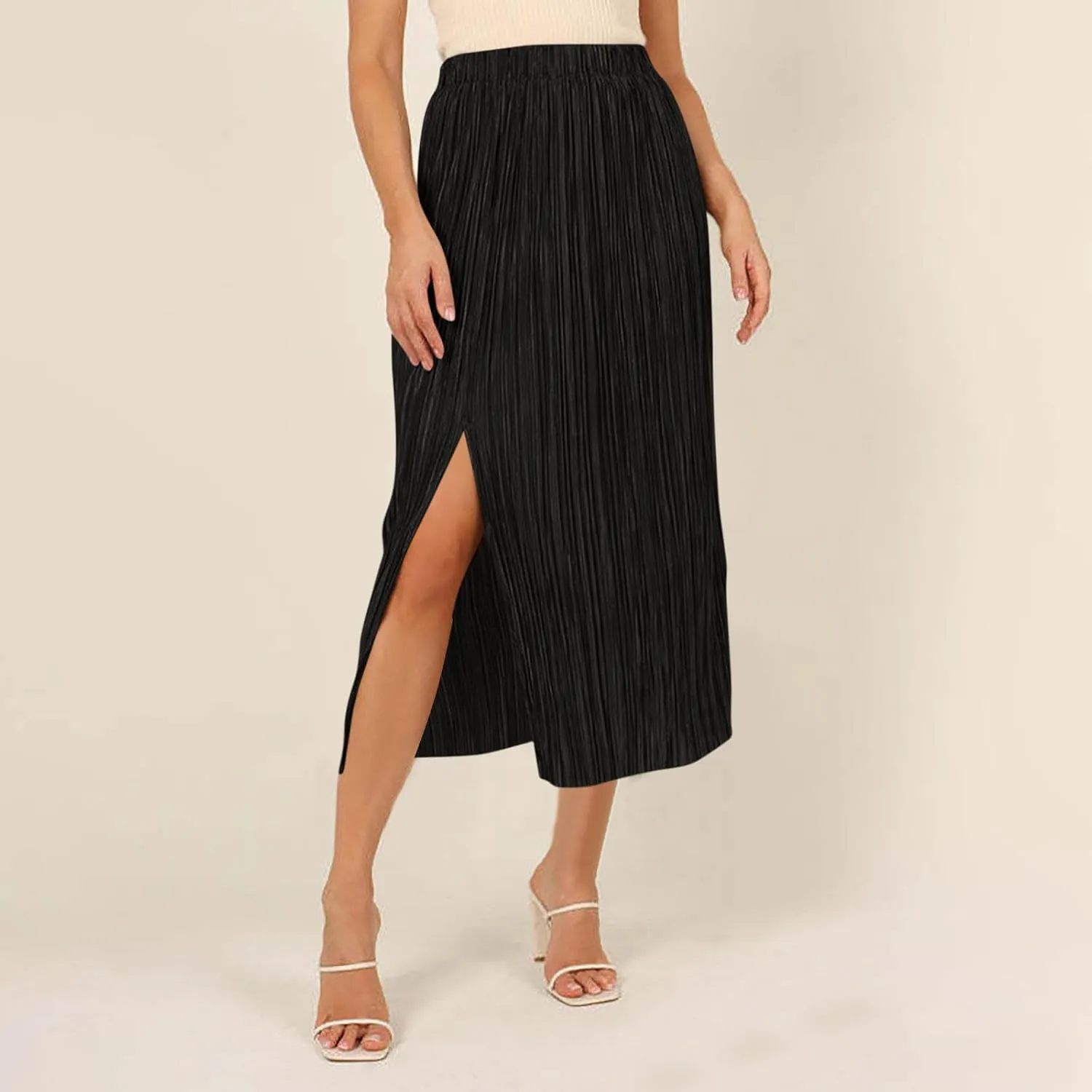 Women's Summer Beach Midi Long Skirt Elastic High Waist Pleated Boho Maxi Skirts with Side Split