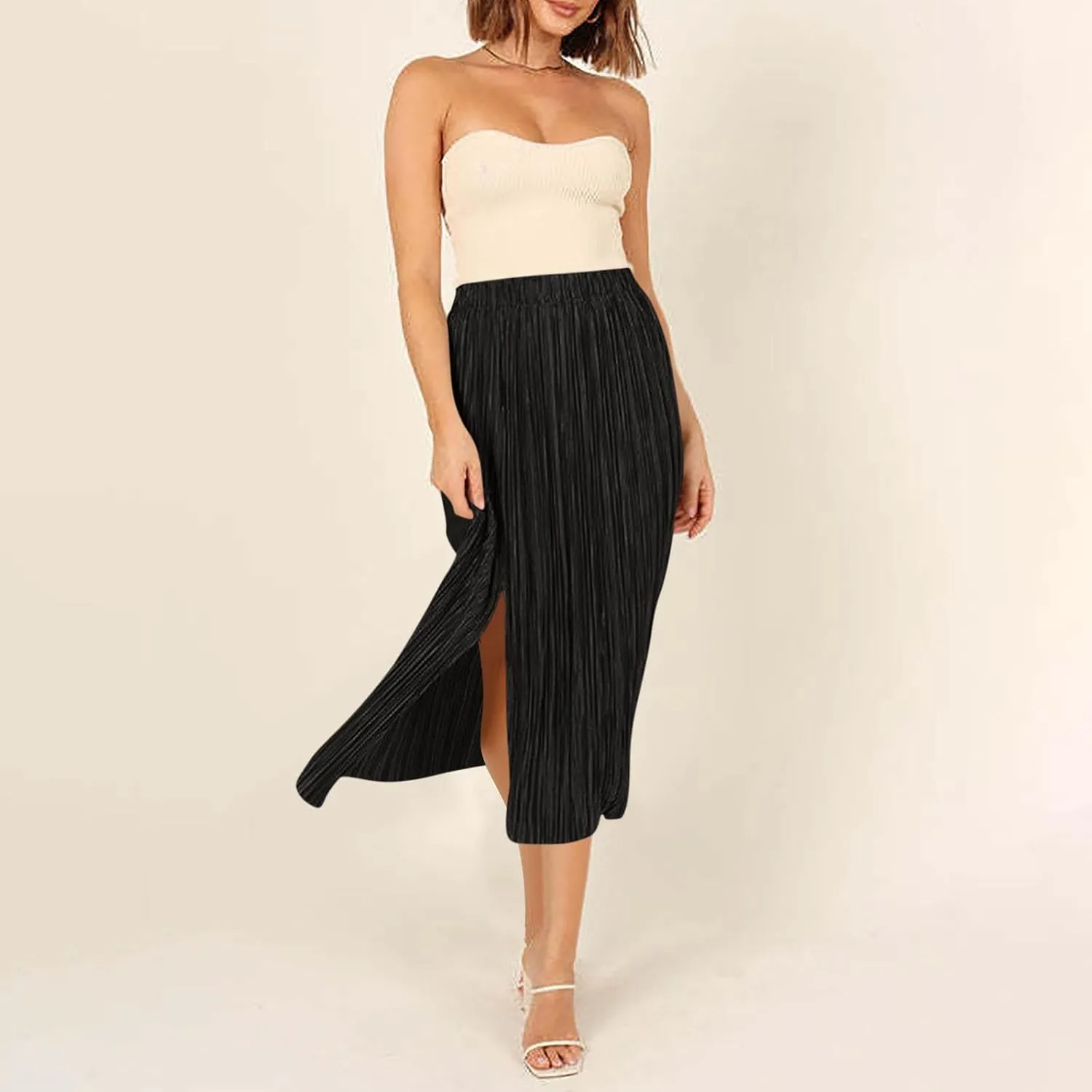 Women's Summer Beach Midi Long Skirt Elastic High Waist Pleated Boho Maxi Skirts with Side Split
