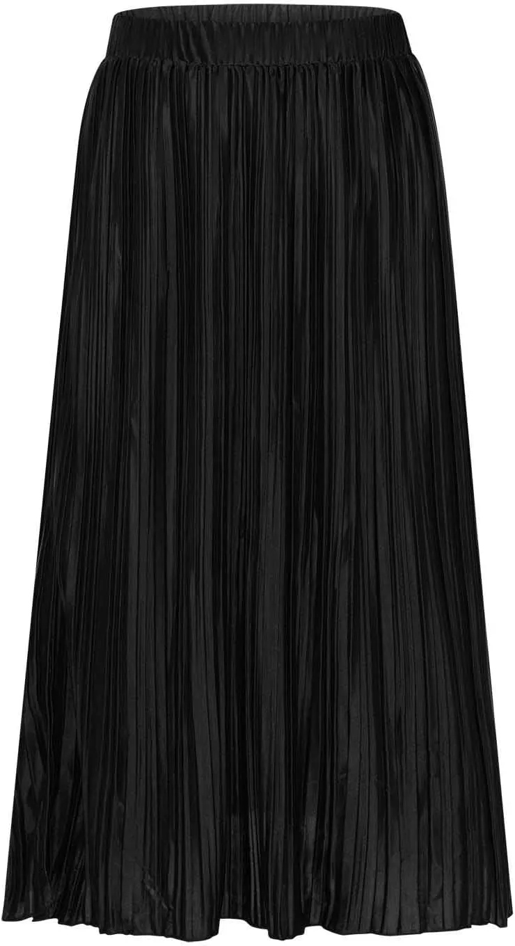 Women's Summer Beach Midi Long Skirt Elastic High Waist Pleated Boho Maxi Skirts with Side Split