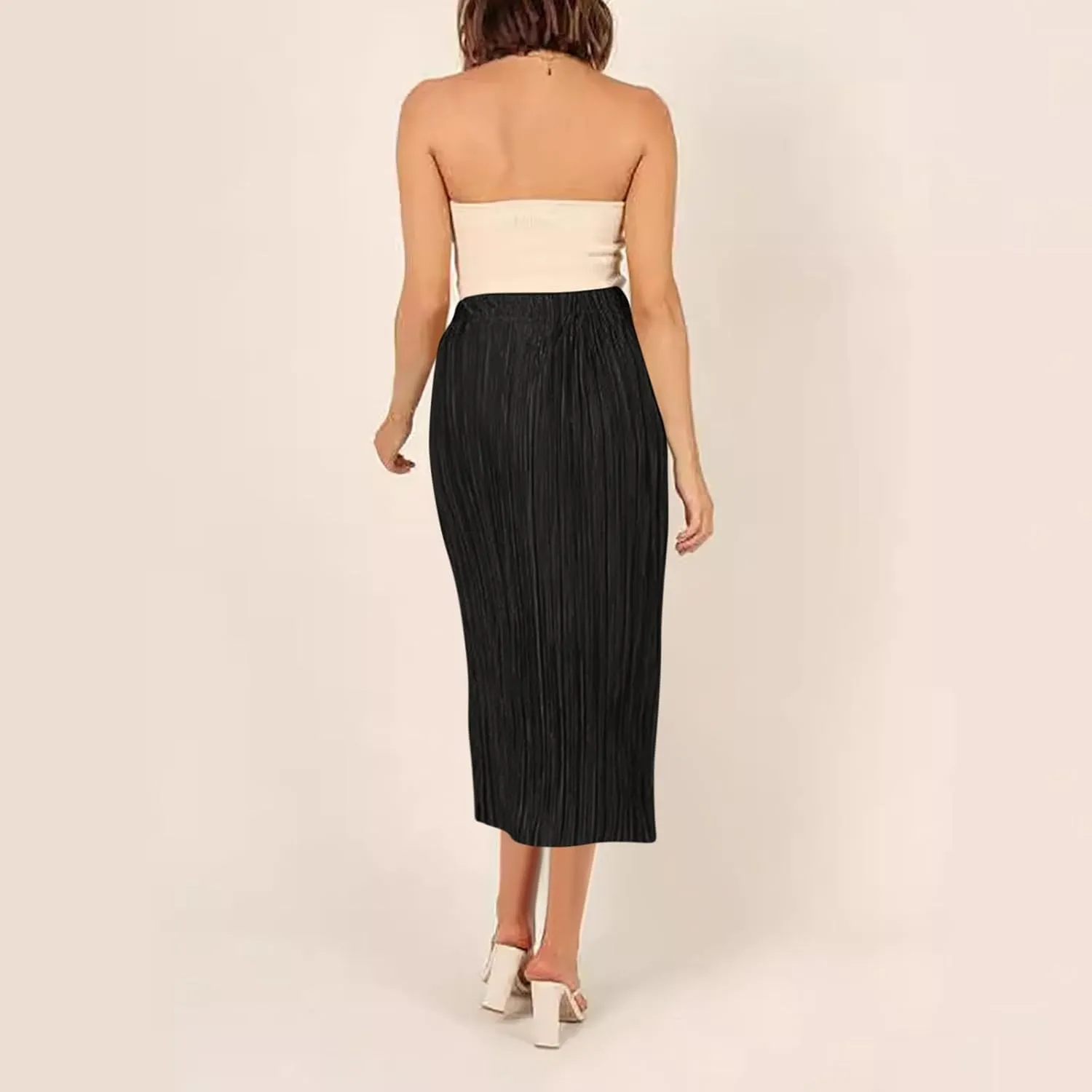 Women's Summer Beach Midi Long Skirt Elastic High Waist Pleated Boho Maxi Skirts with Side Split