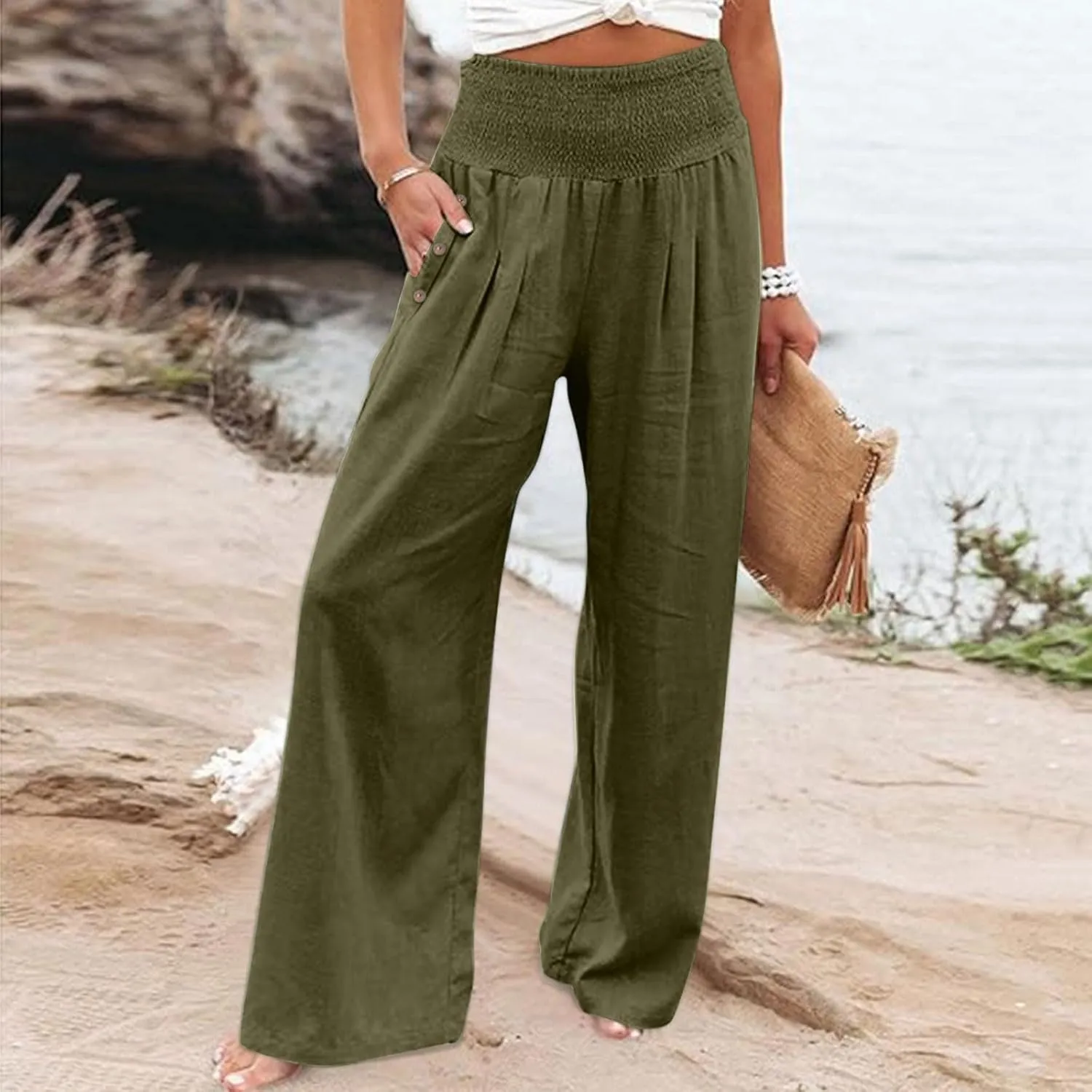 Womens Summer Boho Pants, Pants Loose Drawstring Straight Leg Business Trousers Slacks Fashion Outfits Stretch