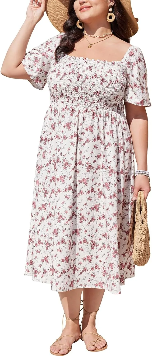 Women's Summer Floral Boho Dress Square Neck Short Sleeve Ruffle Flowy A Line Sundress Beach Long Maxi Dresses