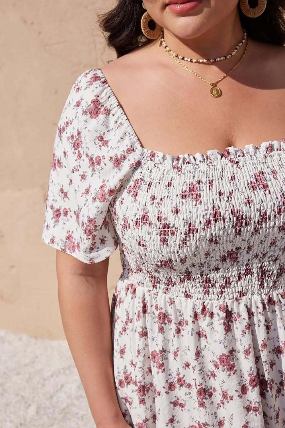 Women's Summer Floral Boho Dress Square Neck Short Sleeve Ruffle Flowy A Line Sundress Beach Long Maxi Dresses
