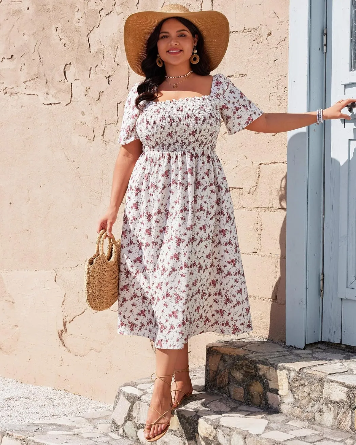 Women's Summer Floral Boho Dress Square Neck Short Sleeve Ruffle Flowy A Line Sundress Beach Long Maxi Dresses