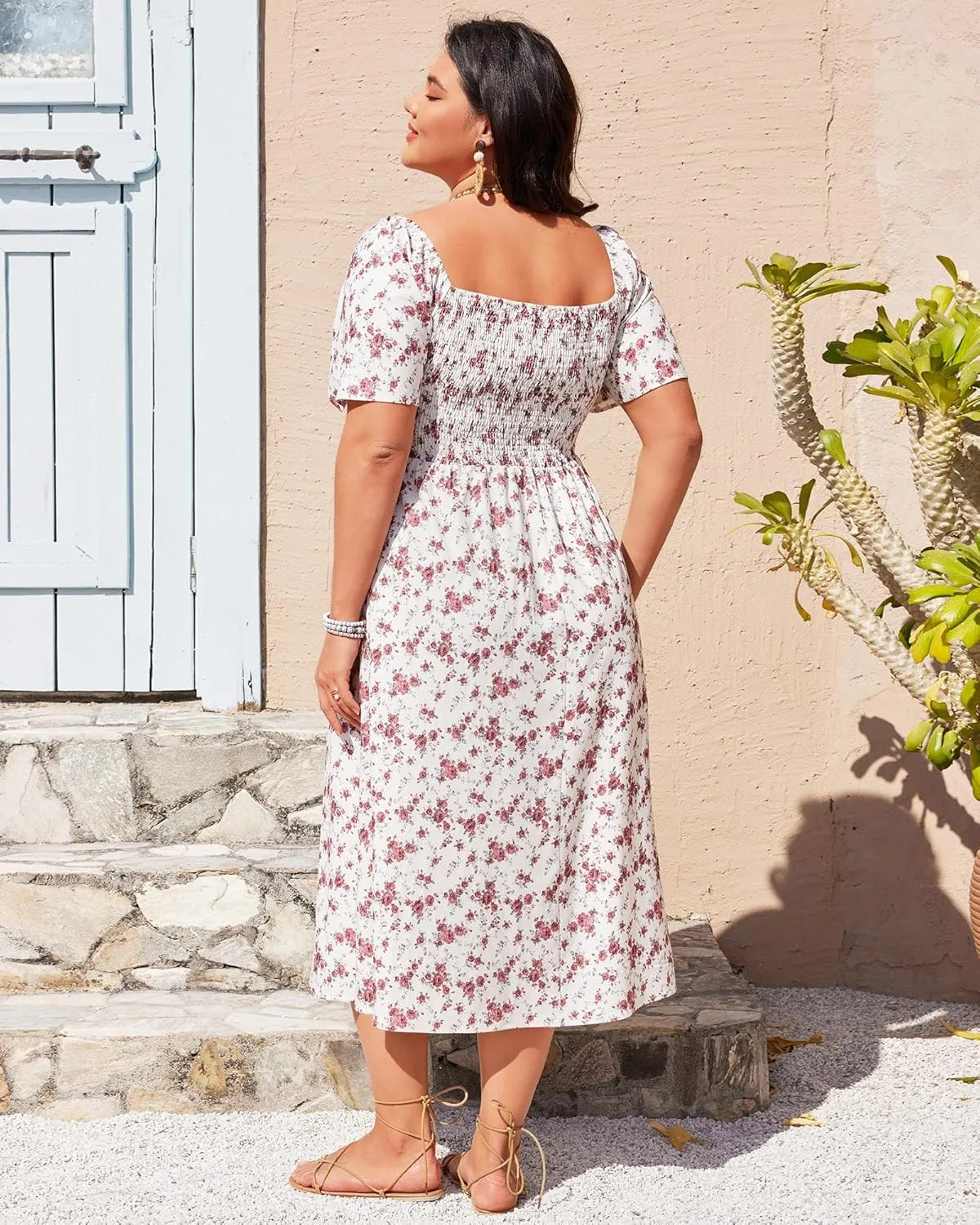 Women's Summer Floral Boho Dress Square Neck Short Sleeve Ruffle Flowy A Line Sundress Beach Long Maxi Dresses