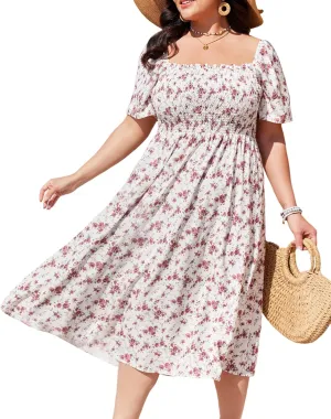 Women's Summer Floral Boho Dress Square Neck Short Sleeve Ruffle Flowy A Line Sundress Beach Long Maxi Dresses